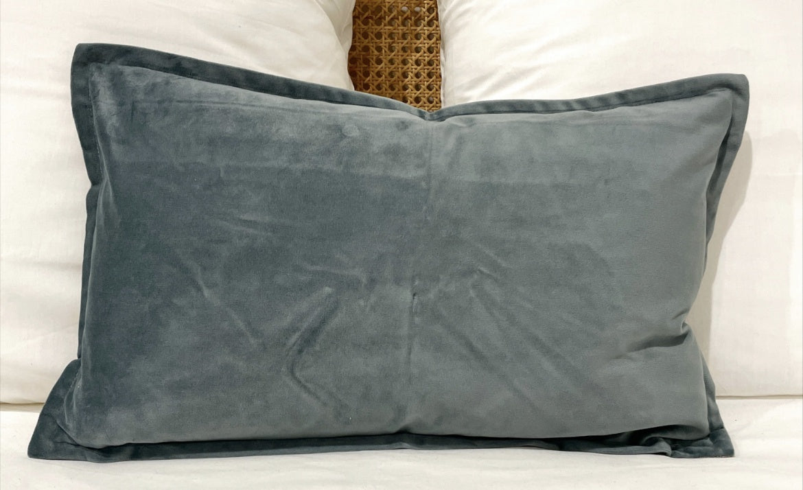 Luna Velvet and Linen Cushion Dusty Blue Rectangle