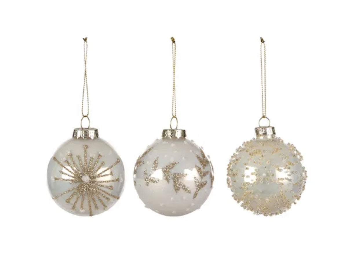 Glass Bauble Pearl, white and Gold Large