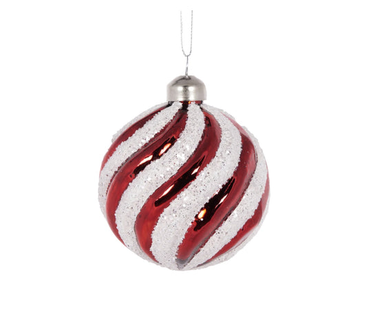 Red and White Glitter swirl round bauble