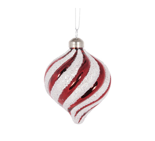 Red and White Glitter swirl drop bauble